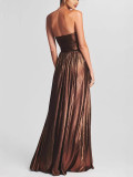 Women Strapless Ruffled Slit Sleeveless Dress