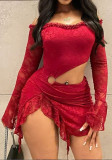 Women Autumn Sexy Lace Patchwork Off Shoulder Hollow Mini Dress