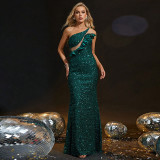 Women Spring Dark Green One-Shoulder Low Back Sequin Mermaid Evening Dress
