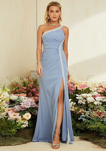 Women Blue One-Shoulder Sexy Mermaid Slit Formal Party Evening Dress