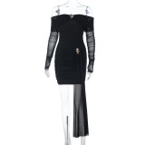 Women Off-Shoulder Low Back Mesh Patchwork Long-Sleeve Mini Dress