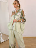 Women Autumn Print Loose Stand Collar Shirt & Wide-Leg Pants Set