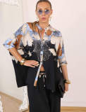 Women Autumn Print Loose Stand Collar Shirt & Wide-Leg Pants Set