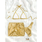 Women Solid Tie Sexy Bikini with Beach Skirt Three-Piece Set