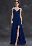 Women Summer Solid Deep V Sleeveless Slit Formal Maxi Evening Dress