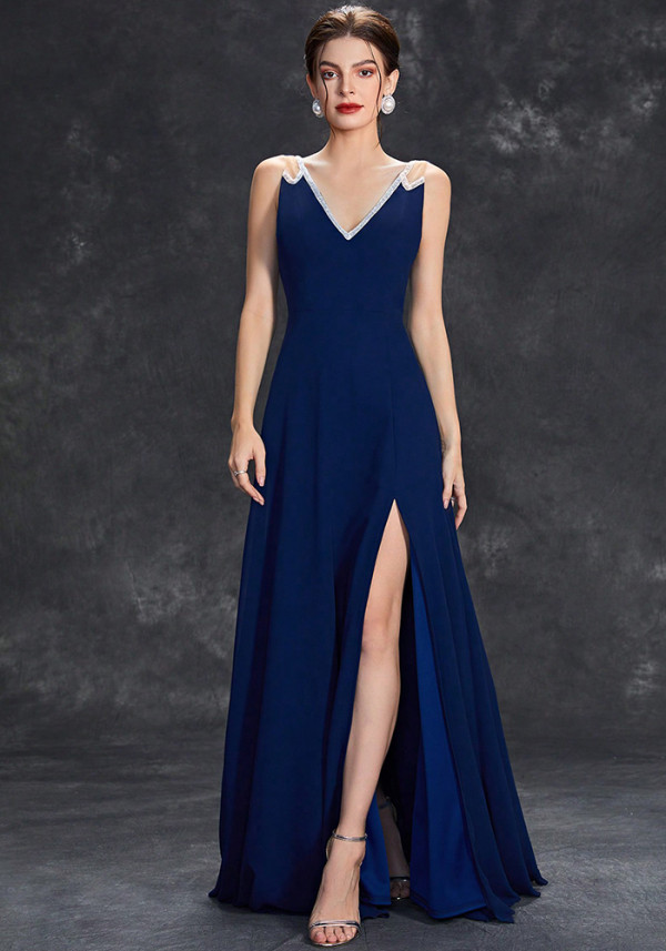 Women Summer Solid Deep V Sleeveless Slit Formal Maxi Evening Dress