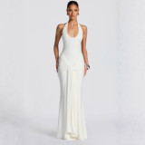 Women Ribbon Patchwork Halter Neck Slim-Fit Maxi Evening Dress