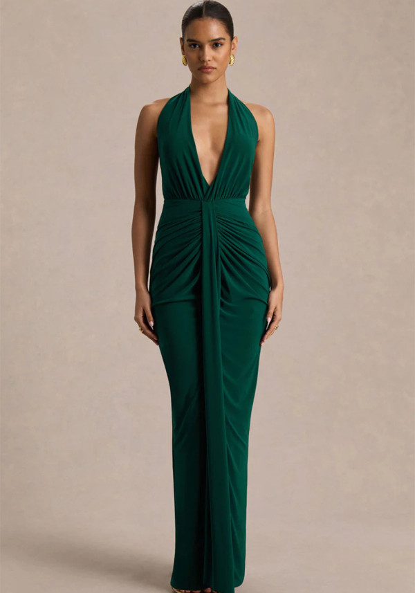 Women Sexy Chic V-Neck Halter Lace-Up Ruched Bodycon Dress