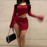 Women Autumn Sexy Lace Patchwork Off Shoulder Hollow Mini Dress