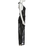 Women Autumn Winter Sexy Lace Patchwork Halter Neck Split Maxi Dress