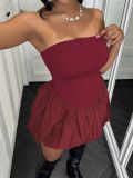 Women Summer Solid Sleeveless Strapless Slim Bubble Mini Dress