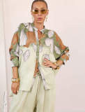 Women Autumn Print Loose Stand Collar Shirt & Wide-Leg Pants Set