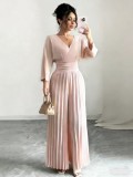 Women Chic V-Neck Slim High-Waist Pleated Jumpsuit