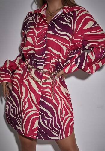 Women Autumn Chic Printed Long-Sleeve Turndown Collar Casual Dress