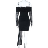 Women Off-Shoulder Low Back Mesh Patchwork Long-Sleeve Mini Dress