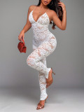 Women Sexy Lace V-Neck Halter Tie Low Back Slim-Fit Jumpsuit