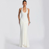 Women Ribbon Patchwork Halter Neck Slim-Fit Maxi Evening Dress