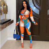 Women Sexy Buttoned Printed Two-Piece Pants Set