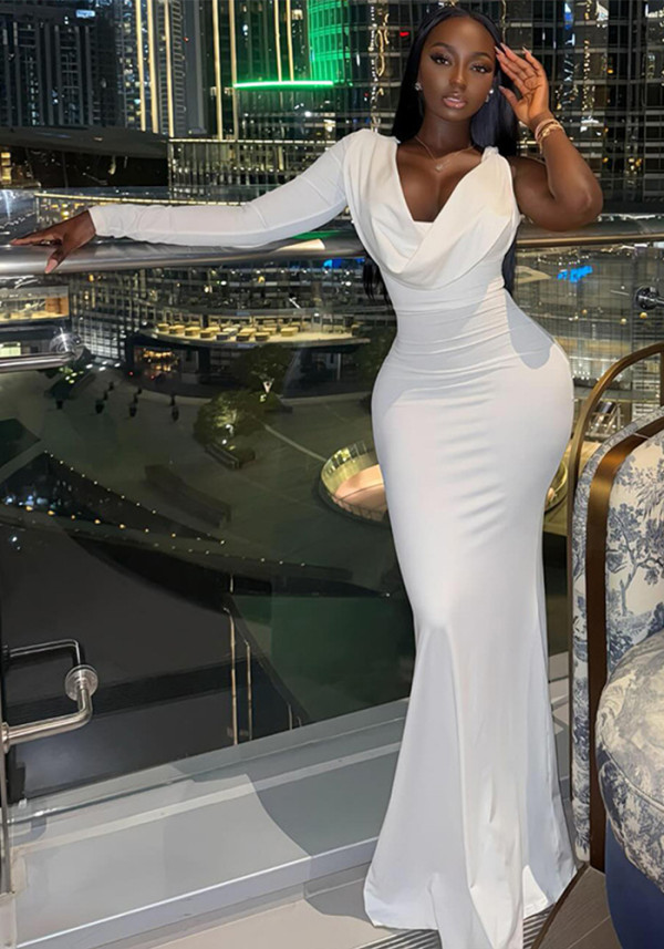 Women Ruched Solid Slim-Fit Cowl Neck Mermaid Maxi Dress