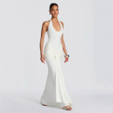 Women Ribbon Patchwork Halter Neck Slim-Fit Maxi Evening Dress