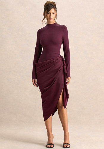 Women Autumn Winter Chic Elegant Solid Slim-Waist Asymmetric Midi Dress