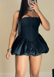 Women Summer Solid Sleeveless Strapless Slim Bubble Mini Dress