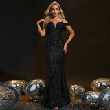 Women Formal Party Chic Sequin Solid Off-Shoulder Maxi Evening Dress
