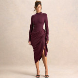 Women Autumn Winter Chic Elegant Solid Slim-Waist Asymmetric Midi Dress