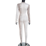Women Sexy Long-Sleeve Snake Print Slim-Fit Jumpsuit