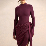Women Autumn Winter Chic Elegant Solid Slim-Waist Asymmetric Midi Dress