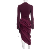 Women Autumn Winter Chic Elegant Solid Slim-Waist Asymmetric Midi Dress