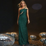 Women Spring Dark Green One-Shoulder Low Back Sequin Mermaid Evening Dress