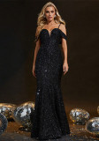 Women Formal Party Chic Sequin Solid Off-Shoulder Maxi Evening Dress