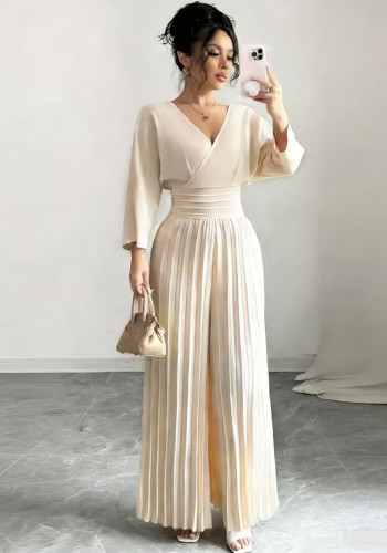Women Chic V-Neck Slim High-Waist Pleated Jumpsuit