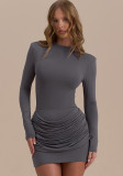 Women Autumn Solid Long-Sleeve Slim-Waist Round Neck Bodycon Dress