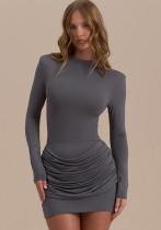 Women Autumn Solid Long-Sleeve Slim-Waist Round Neck Bodycon Dress