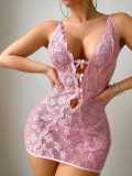 Women Romantic Lace Open-Crotch Sexy Low Back Dress Lingerie
