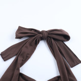 Women Autumn Ruched Metal Ring Halter Neck Strap Top