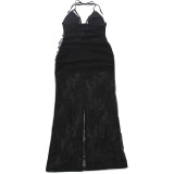 Women Autumn Winter Sexy Lace Patchwork Halter Neck Split Maxi Dress