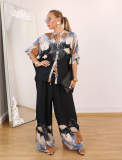 Women Autumn Print Loose Stand Collar Shirt & Wide-Leg Pants Set