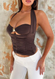Women Autumn Ruched Metal Ring Halter Neck Strap Top