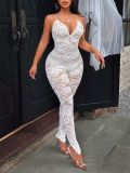 Women Sexy Lace V-Neck Halter Tie Low Back Slim-Fit Jumpsuit