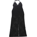 Women Autumn Winter Sexy Lace Patchwork Halter Neck Split Maxi Dress