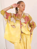 Women Autumn Print Loose Stand Collar Shirt & Wide-Leg Pants Set