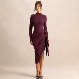 Women Autumn Winter Chic Elegant Solid Slim-Waist Asymmetric Midi Dress