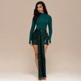 Women Autumn Winter Slim-Fit High-Neck Sequin Patchwork Mini Skirt Set