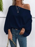 Women Winter Slash-Shoulder Satin Loose Asymmetric Shirt Top