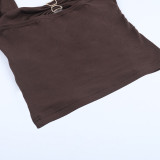 Women Autumn Ruched Metal Ring Halter Neck Strap Top