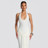 Women Ribbon Patchwork Halter Neck Slim-Fit Maxi Evening Dress