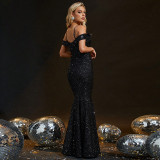 Women Formal Party Chic Sequin Solid Off-Shoulder Maxi Evening Dress